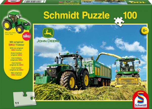 100 Teile Schmidt Spiele Kinder Puzzle John Deere 7310R 8600i Feldhäcksler mit SIKU Traktor 56044